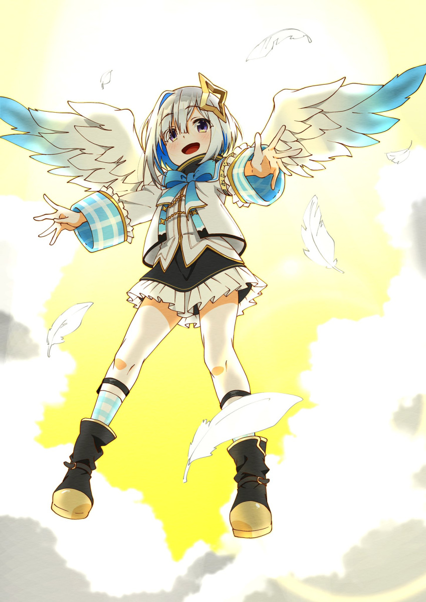 1girl :d aiguillette amane_kanata angel angel_wings armband asymmetrical_bangs asymmetrical_hair bangs black_footwear black_skirt blue_hair blue_legwear blue_neckwear blue_wings blush bob_cut boots bow bowtie colored_inner_hair commentary_request eyebrows_visible_through_hair feathered_wings feathers flying frilled_skirt frills gingham gingham_legwear gradient gradient_wings grey_jacket hair_over_one_eye halo highres hololive homura_minori jacket long_sleeves looking_at_viewer miniskirt multicolored multicolored_hair multicolored_wings open_mouth outstretched_arms shirt short_hair silver_hair single_hair_intake skirt sleeve_cuffs smile sock_garters socks solo star_halo turtleneck violet_eyes virtual_youtuber white_shirt white_wings wide_sleeves wings
