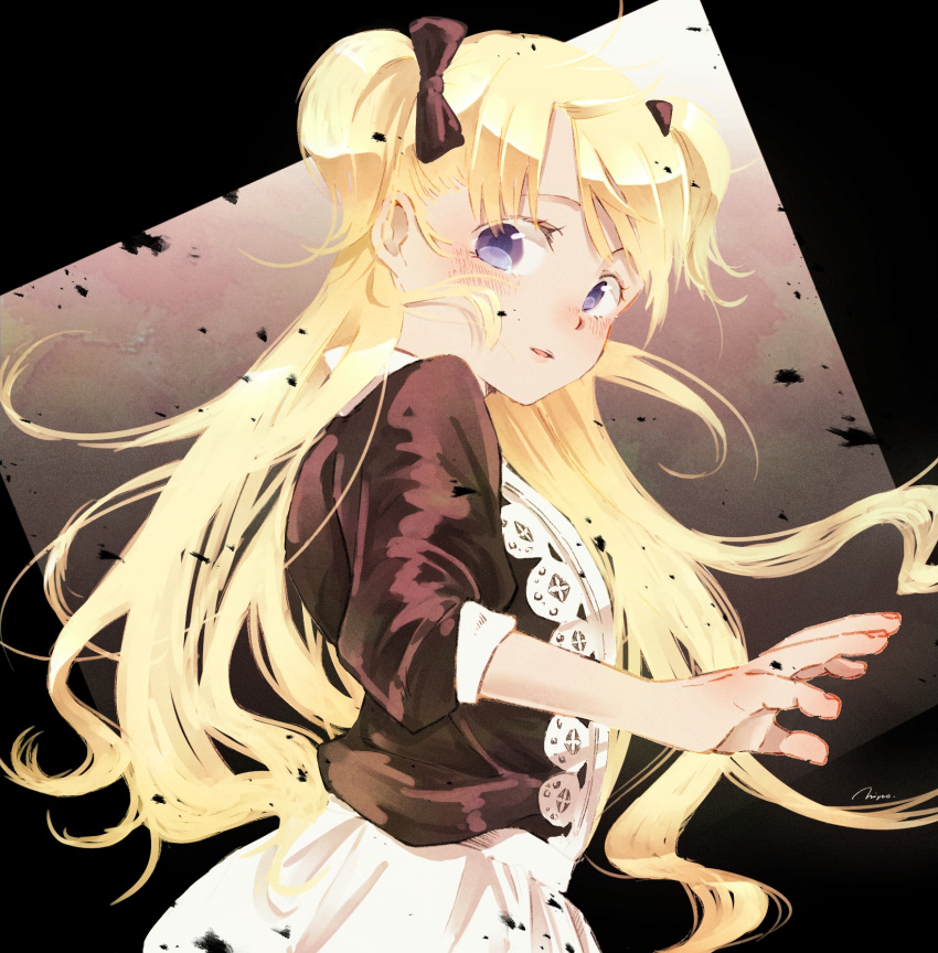 1girl apron bangs black_bow blonde_hair blush bow commentary_request dress emilyko facing_viewer hair_bow highres jdnp8377 long_hair long_sleeves looking_at_viewer looking_to_the_side maid_apron parted_lips puffy_long_sleeves puffy_sleeves shadows_house solo standing swept_bangs two_side_up very_long_hair white_apron white_dress