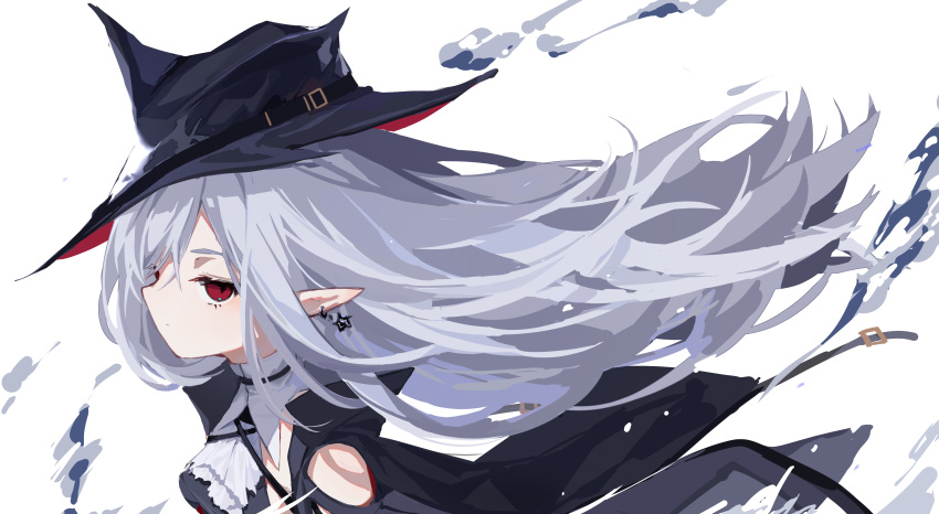 1girl absurdres arknights ascot black_coat black_headwear closed_mouth clothing_cutout coat earrings gladiia_(arknights) grey_hair highres jewelry long_hair looking_at_viewer pointy_ears pointy_hat red_eyes shoulder_cutout sideways_glance simple_background solo umi_(umikwi) upper_body white_background white_neckwear
