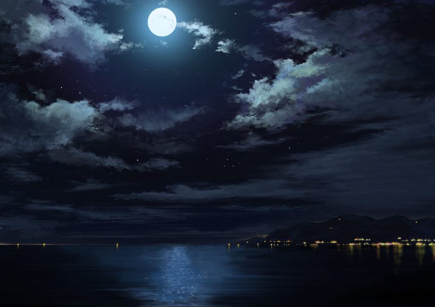 absurdres city city_lights cloud_focus clouds cloudy_sky commentary_request derivative_work full_moon highres light moon moonlight mountain mountainous_horizon night night_sky no_humans ocean pajaman reflective_water scenery shore sky star_(sky) star_(symbol)