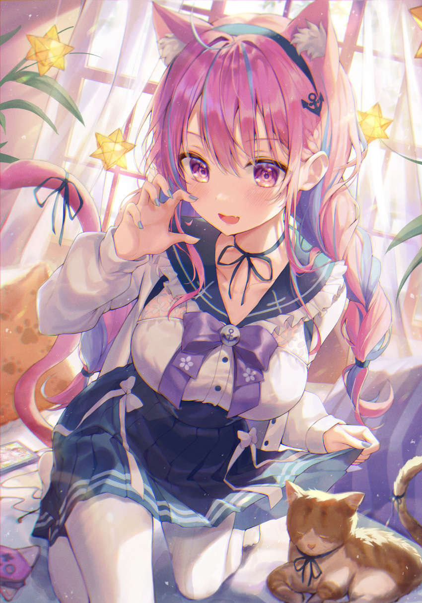 1girl :d absurdres ahoge aimbek anchor_hair_ornament animal animal_ear_fluff animal_ears bangs blue_choker blue_hair blue_nails blue_ribbon blue_sailor_collar blue_skirt blush braid breasts cat cat_ears cat_girl cat_tail choker claw_pose collarbone commentary curtains day eyebrows_visible_through_hair fang frilled_sailor_collar frills full_body hair_between_eyes hair_ornament hairband highres hololive indoors kneeling large_breasts long_sleeves looking_at_viewer minato_aqua multicolored_hair nail_polish no_shoes on_bed open_mouth pantyhose pillow pink_eyes pink_hair pleated_skirt ribbon ribbon_choker sailor_collar school_uniform serafuku shirt skin_fang skirt skirt_hold smile solo streaked_hair tail tail_ornament tail_raised tail_ribbon twin_braids twintails two-tone_hair virtual_youtuber white_legwear white_shirt window