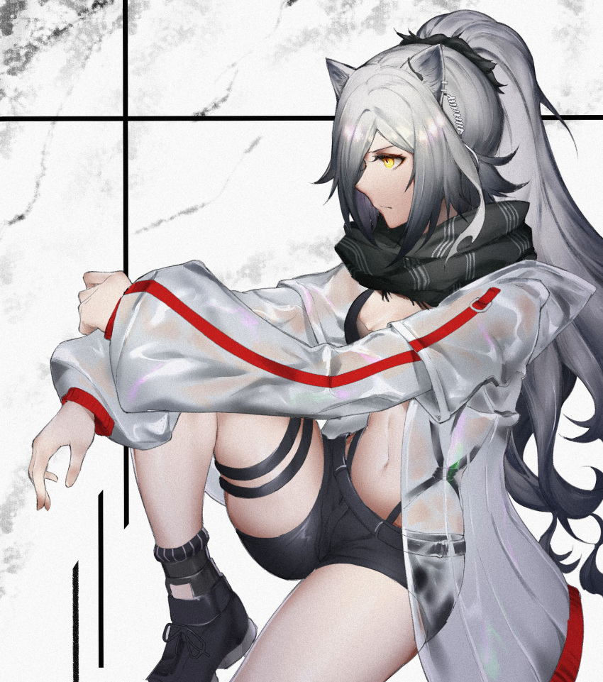 1girl absurdres animal_ears arknights bare_legs black_footwear black_scarf boots cat_ears earpiece hand_on_own_knee hidor highres jacket knee_up long_hair long_sleeves looking_ahead midriff navel open_clothes open_jacket ponytail profile scarf schwarz_(arknights) see-through see-through_jacket short_shorts shorts sidelocks silver_hair sitting solo stomach striped_jacket thigh_strap thighs very_long_hair wide_sleeves yellow_eyes