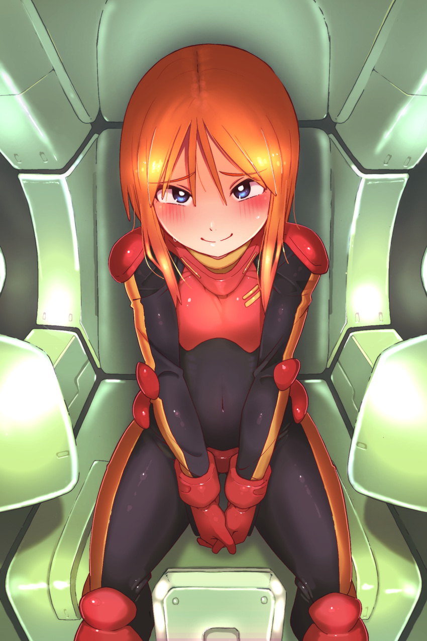 absurdres blue_eyes blush bodysuit cockpit covered_navel eyebrows_visible_through_hair from_above gundam gundam_zz hair_between_eyes hands_clasped highres looking_at_viewer lppletwo orange_hair own_hands_together pilot_suit puru_two shiny shiny_hair short_hair sitting skin_tight smile upper_body