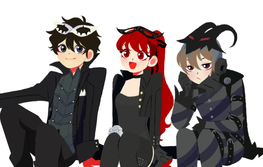 1girl 2boys absurdres akechi_gorou amamiya_ren annoyed arm_belt arm_on_knee arm_up athletic_leotard bangs belt black_belt black_cape black_choker black_coat black_gloves black_hair black_jacket black_legwear black_leotard black_mask black_ribbon cape choker clenched_hand coat coattails collar collared_coat collared_jacket collared_shirt cropped_jacket dress_shirt eveekoo flower flower_ornament frilled_sleeves frills gloves grey_eyes grey_shirt hair_between_eyes hair_ribbon hand_on_floor hand_on_own_face happy head_tilt high_collar highres horned_mask horns hunched_over jacket knees_up leg_belt legs_up leotard light_smile long_sleeves looking_at_viewer looking_down mask mask_on_head mask_removed masquerade_mask md5_mismatch multiple_boys open_mouth persona persona_5 persona_5_the_royal red_eyes red_gloves redhead ribbon rose shirt simple_background smile striped striped_clothes swept_bangs thigh-highs torn_clothes torn_sleeves trench_coat v_arms white_background white_mask yoshizawa_kasumi