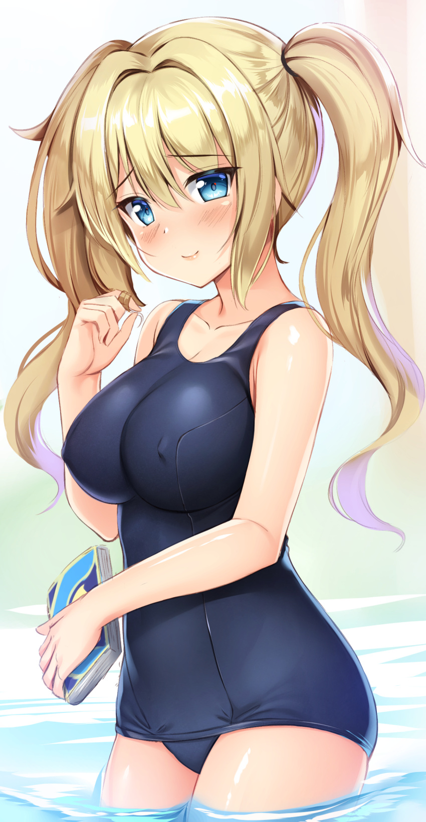 1girl barbara_pegg bare_shoulders blonde_hair blue_swimsuit blush book breasts covered_nipples genshin_impact hair_twirling half-closed_eyes highres holding holding_book kageira long_sleeves looking_at_viewer one-piece_swimsuit partially_submerged smile solo swimsuit twintails