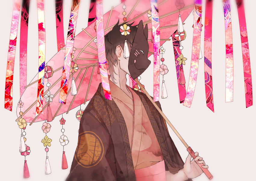 1boy adam's_apple black_mask blurry brown_hair commentary_request covered_face floral_print fox_mask from_side haori highres holding holding_umbrella japanese_clothes kimono male_focus mask obi oil-paper_umbrella original over_shoulder pink_background pink_kimono pink_ribbon pink_sash pink_umbrella print_ribbon ribbon sash short_hair simple_background solo tassel umbrella upper_body yagate149