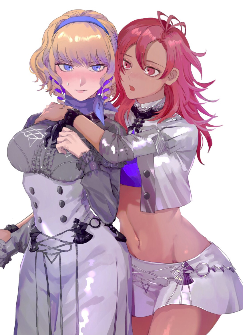 2girls 4chi antenna_hair bangs blonde_hair blue_eyes blue_hairband blush breasts commentary constance_von_nuvelle cowboy_shot crop_top cropped_jacket cute fire_emblem fire_emblem:_three_houses fire_emblem:_three_houses fire_emblem_16 garreg_mach_monastery_uniform grey_shirt groin hairband hapi_(fire_emblem) high-waist_skirt highres hug intelligent_systems jacket long_hair long_sleeves looking_at_viewer medium_breasts microskirt midriff multiple_girls navel nintendo nose_blush open_clothes open_jacket pink_eyes pink_hair purple_shirt shirt short_hair simple_background skirt skirt_set standing stomach super_smash_bros. sweat white_background white_jacket white_skirt yuri