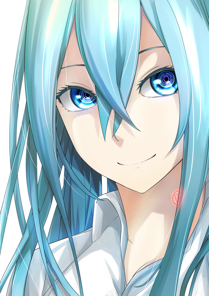 1girl absurdres aqua_hair bangs blue_eyes closed_mouth cosmicsnic crossed_bangs eye_focus face highres long_hair looking_at_viewer portrait shirt simple_background smile solo vivy vivy:_fluorite_eye's_song white_background white_shirt