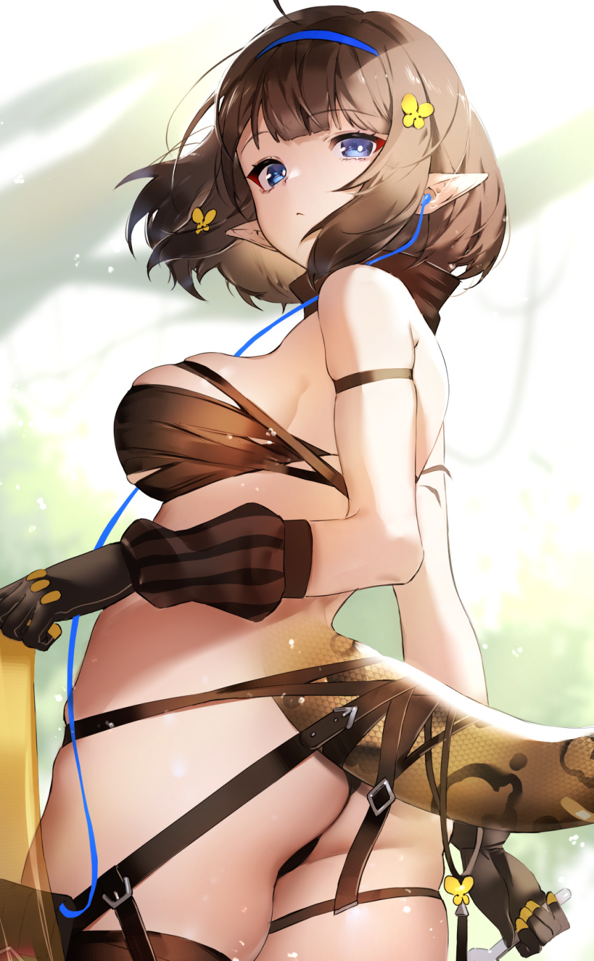 1girl arknights arm_strap ass bandeau bangs bare_arms bare_shoulders black_gloves black_hair blue_eyes blue_hairband breasts cowboy_shot earphones earphones eunectes_(arknights) eyebrows_visible_through_hair gloves hairband highres ichibi large_breasts pointy_ears short_hair snake_tail solo standing strapless tail thighs tubetop