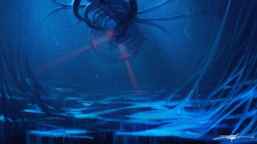 air_bubble blue_theme bubble extra_eyes glowing glowing_eyes highres light_rays monster no_humans original red_eyes ribs scenery signature underwater water zeniyan