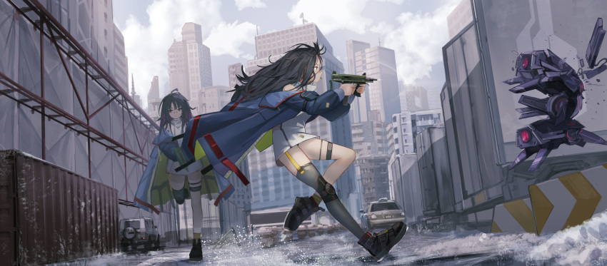 2girls absurdres ahoge bandaid bandaid_on_nose bangs black_hair c-ms_(girls_frontline) car cbj-ms city clone commentary_request commission damaged dinergate_(girls_frontline) dress firing girls_frontline ground_vehicle gun highres holding holding_gun holding_weapon jacket jeep knee_pads long_hair long_sleeves messy_hair motor_vehicle mouth_hold multiple_girls off_shoulder outdoors red_eyes robot running shipping_container shoes single_thighhigh sleeveless sleeveless_dress sneakers submachine_gun thigh-highs thigh_strap timitarcat weapon white_dress