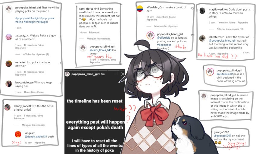 1girl ahoge annoyed bangs black_hair blind blind_girl_(popopoka) bow bowtie collared_shirt crossed_bangs dog english_commentary english_text frown grey_eyes hair_between_eyes highres instagram instagram_username looking_up messy_hair popopoka red_bow shirt short_hair solo sweater