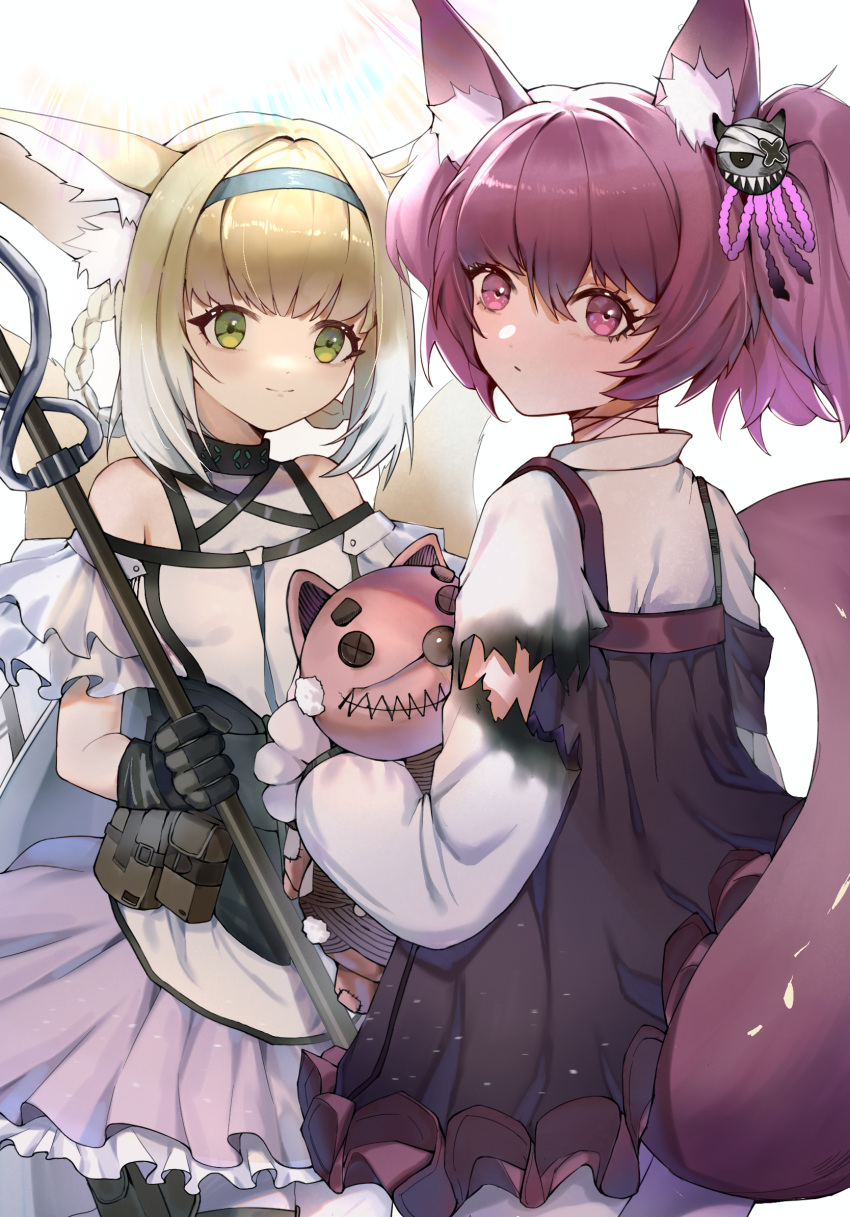 2girls animal_ear_fluff animal_ears arknights bangs bare_shoulders black_dress black_gloves blue_hairband braid closed_mouth commentary_request dress fox_ears fox_girl fox_tail frilled_skirt frills gloves gradient_hair green_eyes hair_between_eyes hair_ornament hair_rings hairband highres holding kitsune looking_at_viewer looking_back multicolored_hair multiple_girls pleated_skirt purple_skirt redhead shamare_(arknights) shirt skirt smile stuffed_animal stuffed_dog stuffed_toy suzuran_(arknights) tail tail_raised torn_clothes torn_shirt twin_braids twintails ufoliving violet_eyes white_hair white_shirt