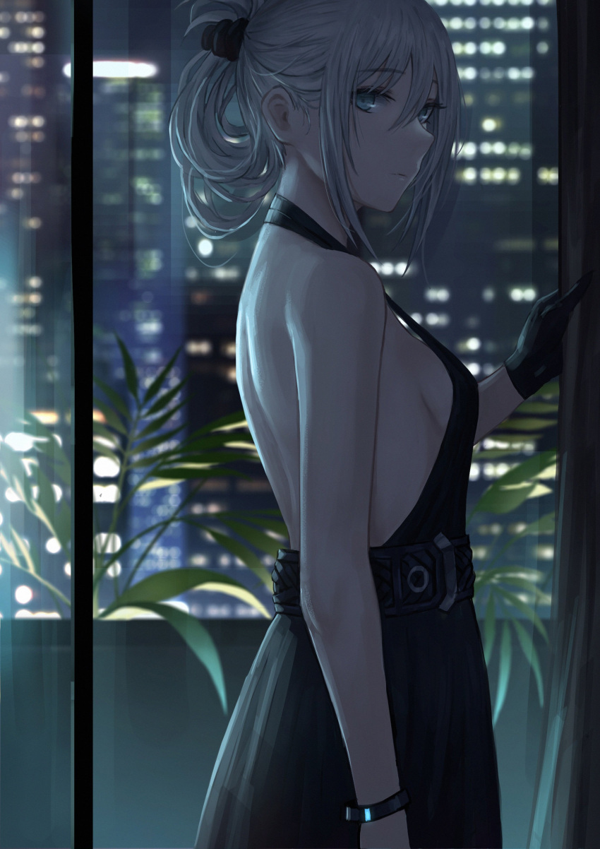 1girl absurdres an-94_(girls_frontline) aqua_eyes bangs bare_shoulders black_dress black_gloves bracelet breasts building closed_mouth dress evening_gown folded_hair from_side girls_frontline gloves halterneck highres jewelry long_hair looking_to_the_side night night_sky plant selcky sideboob sidelocks sky skyscraper window