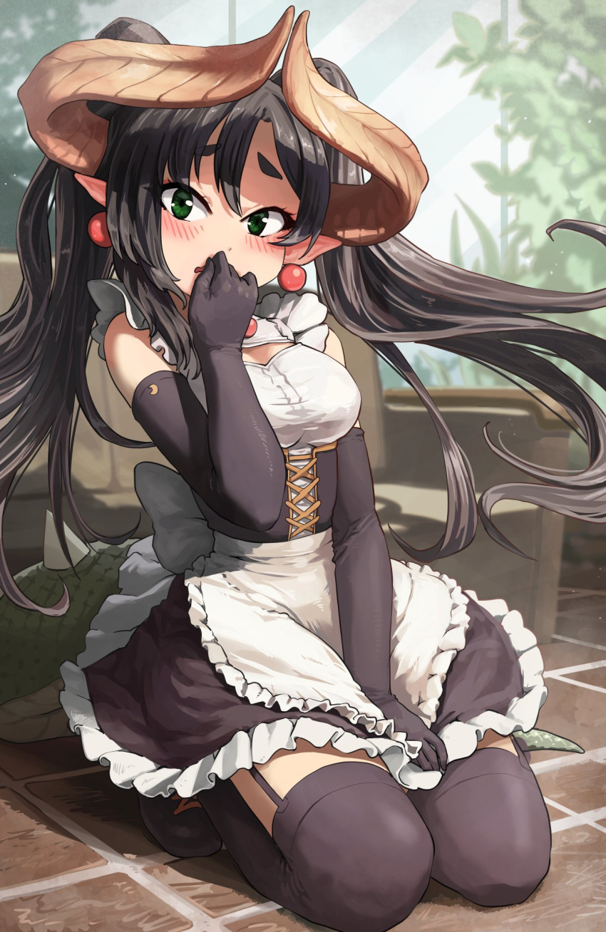 1girl alternate_costume apron black_corset black_gloves black_hair black_legwear blush breasts corset covering_mouth dragon_girl dragon_horns dragon_tail dress dress_tug earrings elbow_gloves embarrassed english_commentary enmaided frills full_body gloves green_eyes green_tail highres horns jewelry kneeling long_hair looking_at_viewer maid maid_apron medium_breasts melaton mythic_live nako_ryu pointy_ears second-party_source short_eyebrows solo spiked_tail tail thigh-highs twintails virtual_youtuber waist_apron