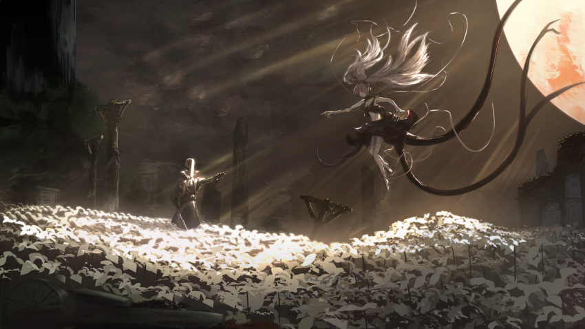 1boy 1girl absurdres bloodborne changetofantasy commentary_request field flower flower_field highres hunter_(bloodborne) idolmaster idolmaster_shiny_colors light_rays long_hair moon moon_presence outstretched_arm p-head_producer red_eyes scene_reference silver_hair very_long_hair yuukoku_kiriko