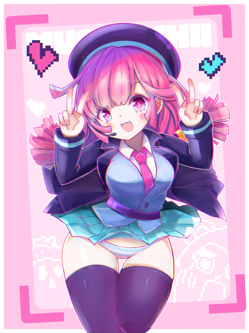 1girl :3 absurdres banchou belt beret blush breasts burou_(muse_dash) chromatic_aberration clothes_lift cowboy_shot double_v eyebrows_visible_through_hair fang glitter hat heart highres jacket long_hair looking_at_viewer masakiman1125 medium_breasts microphone muse_dash necktie open_mouth panties pink_eyes pink_hair pink_neckwear pixel_heart pleated_skirt skirt skirt_lift smile striped striped_panties tareme thigh-highs thigh_gap underwear v vest wide_hips wing_collar