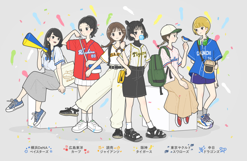 6+girls absurdres backpack bag baseball baseball_jersey belt bird bird_on_hand black_belt black_eyes black_footwear black_hair black_skirt blonde_hair blue_footwear blue_shirt blue_shorts blush bob_cut braid brown_hair brown_skirt chunichi_dragons double_bun earrings green_bag grey_legwear grey_skirt hair_ornament hairclip hand_up hanshin_tigers headphones highres hiroshima_touyou_carp jewelry long_hair long_skirt looking_at_viewer multiple_girls nippon_professional_baseball original pants pleated_skirt ponytail print_shirt profile red_footwear red_shirt sandals shirt shirt_tucked_in shoes short_hair short_sleeves shorts shoulder_bag sitting skirt socks sportswear standing star_(symbol) star_earrings striped striped_shirt swallow tokyo_yakult_swallows translated twin_braids watch watch white_footwear white_legwear white_pants white_shirt white_skirt yokohama_dena_baystars yomiuri_giants yoshimon