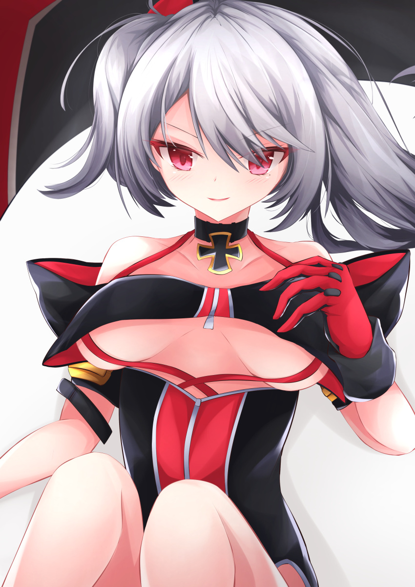 1girl absurdres asymmetrical_hair azur_lane bare_shoulders black_choker black_swimsuit blush breasts choker clothing_cutout gloves hand_up highres iron_cross knees_together_feet_apart knees_up long_hair looking_at_viewer medium_breasts one-piece_swimsuit osatou_(soul_of_sugar) parted_lips red_eyes red_gloves red_swimsuit side_ponytail silver_hair smile solo swimsuit two-tone_swimsuit u-410_(azur_lane) under_boob underboob_cutout