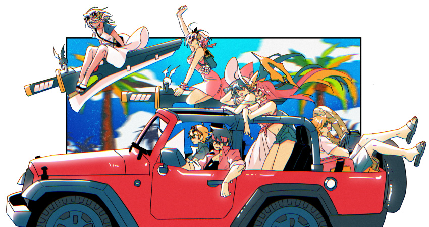 3boys 4girls aria_(guilty_gear) bag bangs beach bow candy clover dark-skinned_female dark_skin dizzy_(guilty_gear) dong_hole dress elphelt_valentine eyepatch family floating_hair flower food four-leaf_clover glasses ground_vehicle guilty_gear guilty_gear_strive halo hat hat_bow hat_ribbon headband highres huge_weapon jack-o'_valentine ky_kiske large_hat lollipop mother_and_daughter motor_vehicle multiple_boys multiple_girls ocean palm_tree ramlethal_valentine ribbon sand short_hair short_shorts shorts siblings sin_kiske sisters slippers sol_badguy sun_hat sundress sword tree twintails vacation weapon yellow_bow yellow_ribbon
