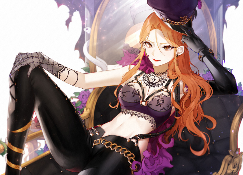 1girl alternate_costume black_gloves bracelet breasts brown_eyes chain_belt chair chandelier_earrings choker crop_top dangle_earrings earrings elbow_gloves eyelashes feather_boa flower gloves hand_on_own_knee harness hat_tip idolmaster idolmaster_cinderella_girls idolmaster_cinderella_girls_starlight_stage jewelry kneehighs koyo_akio lace lace-trimmed_gloves lace-trimmed_shirt lace_choker lace_trim lips lipstick long_hair looking_at_viewer lounge_chair makeup medium_breasts messy_hair midriff mirror mismatched_gloves navel o-ring o-ring_top orange_hair reclining rose shirt single_elbow_glove snake solo thighs tsurime very_long_hair white_background white_snake zaizen_tokiko