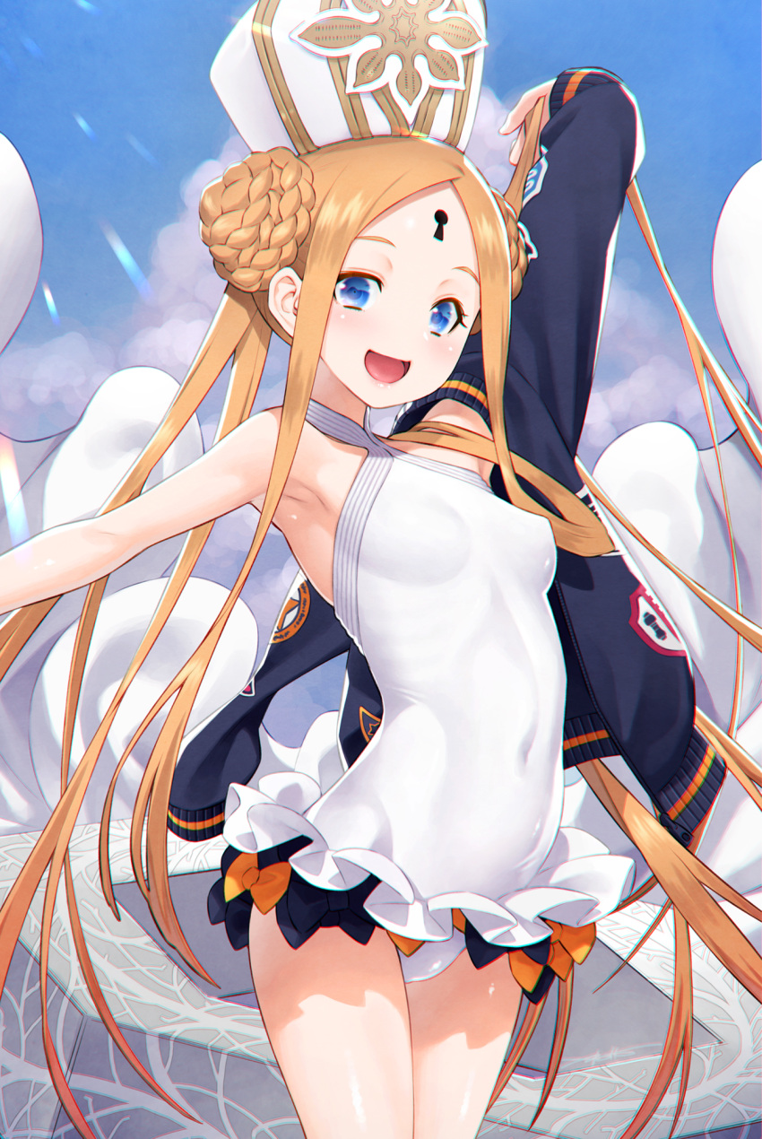 1girl :d abigail_williams_(fate) abigail_williams_(swimsuit_foreigner)_(fate) arm_up blonde_hair blue_eyes braid covered_navel fate/grand_order fate_(series) forehead frilled_swimsuit frills hat highres kazuma_muramasa keyhole long_hair looking_at_viewer one-piece_swimsuit open_mouth smile solo swimsuit thighs very_long_hair white_headwear white_swimsuit