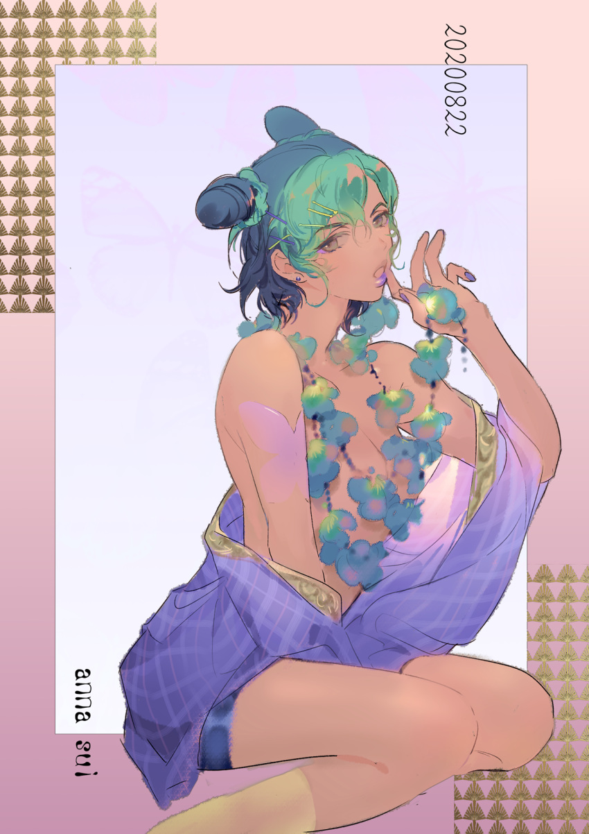 1girl black_hair braid braided_bun double_bun earrings feet_out_of_frame green_hair hair_ornament hairclip hand_up highres jewelry jojo_no_kimyou_na_bouken kero77 kujo_jolyne necklace open_mouth shadow solo stone_ocean topless