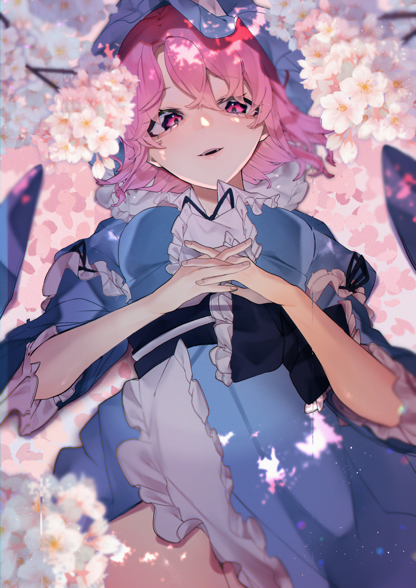 1girl absurdres blue_headwear branch cherry_blossoms cowboy_shot flower frilled_sleeves frills hat highres huge_filesize interlocked_fingers kappa_mame looking_at_viewer lying open_mouth pink_eyes pink_hair saigyouji_yuyuko shade short_hair solo touhou