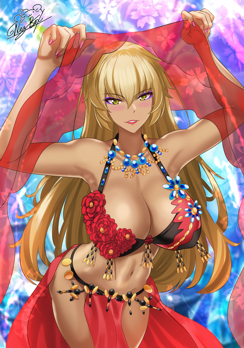 1girl absurdres arms_up artist_name bangs bare_shoulders blonde_hair breasts commentary commission dancer dark_skin english_commentary eyebrows_visible_through_hair eyeshadow fingernails fire_emblem fire_emblem:_the_binding_blade fire_emblem_heroes highres holding huge_filesize igrene_(fire_emblem) large_breasts lips lipstick long_hair looking_at_viewer makeup mixed-language_commentary nail_polish navel nez-box parted_lips pelvic_curtain revealing_clothes see-through signature simple_background smile solo stomach yellow_eyes