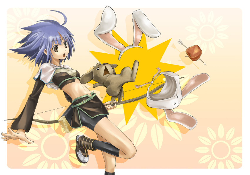 1girl animal_ears animal_hat apple_o_archer arrow_(projectile) bangs black_legwear black_shorts blue_hair border bow_(weapon) brown_eyes brown_footwear brown_shirt brown_skirt bunny_hat comiket_78 commentary_request cover cover_page crop_top dog doujin_cover eyebrows_visible_through_hair fake_animal_ears foot_out_of_frame hat holding holding_bow_(weapon) holding_weapon hunter_(ragnarok_online) jacket layered_sleeves long_sleeves looking_at_animal midriff miniskirt navel open_mouth quiver rabbit_ears ragnarok_online shirt shoes short_hair short_over_long_sleeves short_shorts short_sleeves shorts shorts_under_skirt skirt socks solo triangle_mouth weapon white_border white_jacket yuuki_tokito