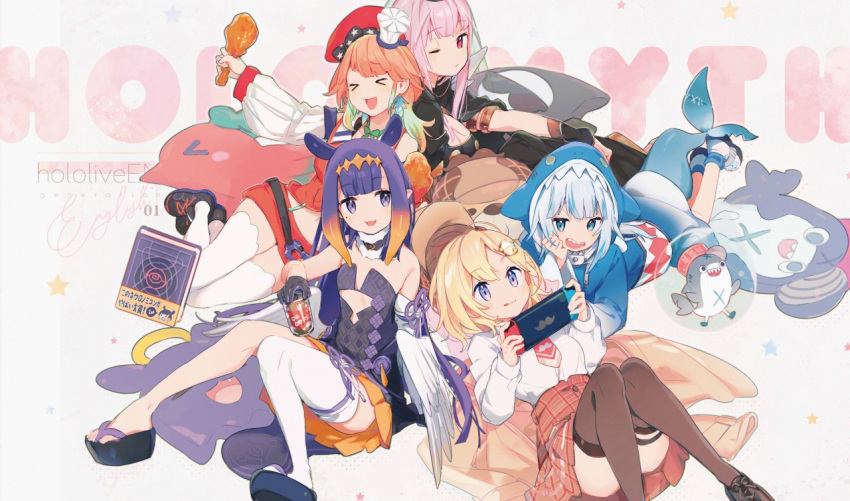 5girls blonde_hair bloop_(gawr_gura) can chicken_leg convenient_leg fish_tail gawr_gura hat hololive hololive_english holomyth long_hair lying mole mole_under_eye mori_calliope multiple_girls namie-kun ninomae_ina'nis nintendo_switch on_back on_stomach orange_hair plaid plaid_skirt pointy_ears purple_hair shark_tail silver_hair single_thighhigh skirt soda_can tail takanashi_kiara thigh-highs watson_amelia