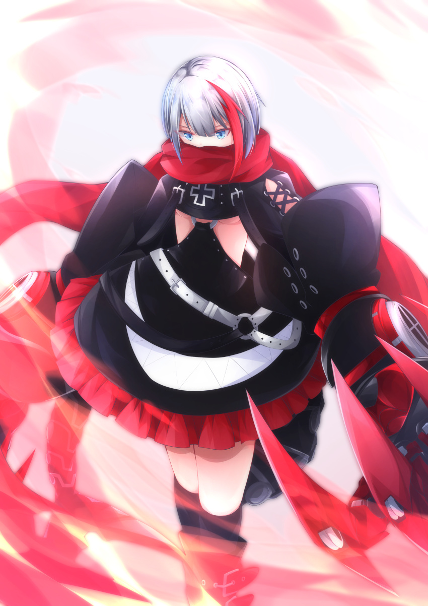 1girl absurdres admiral_graf_spee_(azur_lane) azur_lane belt black_dress black_footwear black_legwear blue_eyes boots breasts clawed_gauntlets clothing_cutout covered_mouth dress frilled_dress frills highres iron_cross kneehighs looking_at_viewer mechanical_tail medium_hair multicolored_hair osatou_(soul_of_sugar) red_scarf redhead scarf silver_hair solo streaked_hair tail two-tone_hair under_boob underboob_cutout white_belt