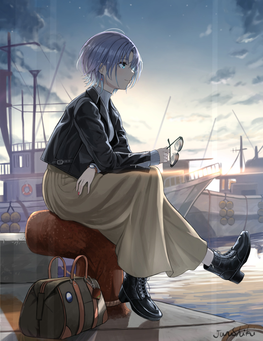 ahoge asakura_tooru bag black_footwear blue_eyes boat bob_cut brown_skirt closed_mouth earrings eyebrows_visible_through_hair eyewear_removed grey_hair handbag high_heels highres idolmaster idolmaster_shiny_colors jacket jewelry junshiki leather leather_jacket long_skirt nail_polish ocean outdoors scenery shipyard short_hair signature sitting skirt smile sweater watercraft