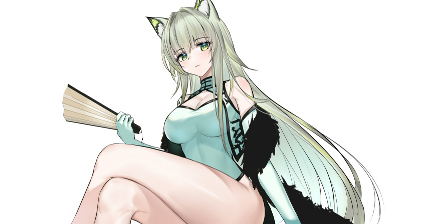 1girl absurdres animal_ear_fluff arknights bare_legs china_dress chinese_clothes commentary crossed_legs detached_sleeves dress eyebrows_visible_through_hair fan feet_out_of_frame green_dress green_eyes green_hair green_sleeves hair_intakes highres holding holding_fan kakeru_(kakeru) kal'tsit_(arknights) long_hair looking_at_viewer lynx_ears simple_background sitting solo thighs very_long_hair white_background