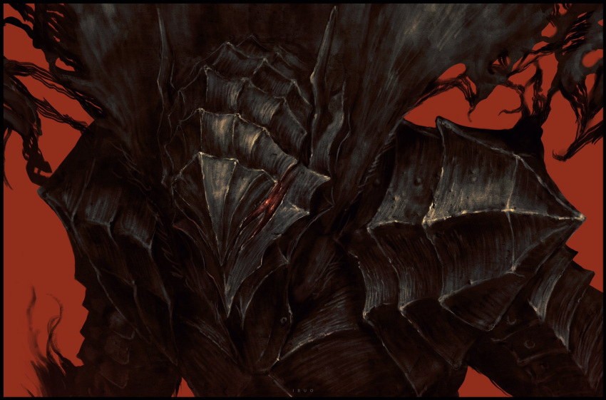 1boy armor berserk black_armor black_border border breastplate full_armor guts_(berserk) helm helmet highres ibuo_(ibukht1015) letterboxed male_focus red_background red_eyes solo upper_body wings