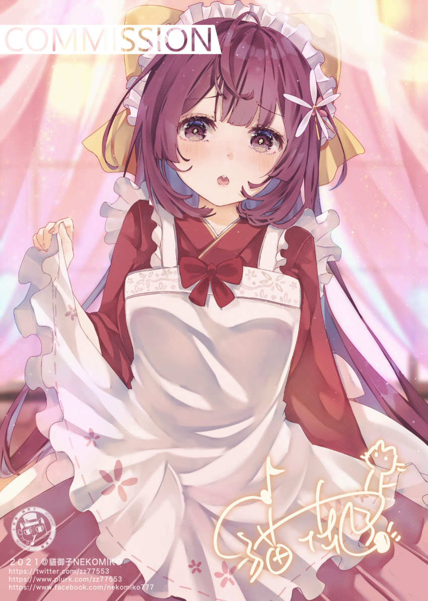 1girl apron apron_lift bow commentary_request commission cowboy_shot curtains flower hair_bow hair_flower hair_ornament highres japanese_clothes kamikaze_(kancolle) kantai_collection kimono long_hair looking_at_viewer maid_headdress mao_yuzi meiji_schoolgirl_uniform purple_hair red_kimono signature solo violet_eyes wa_maid windo yellow_bow