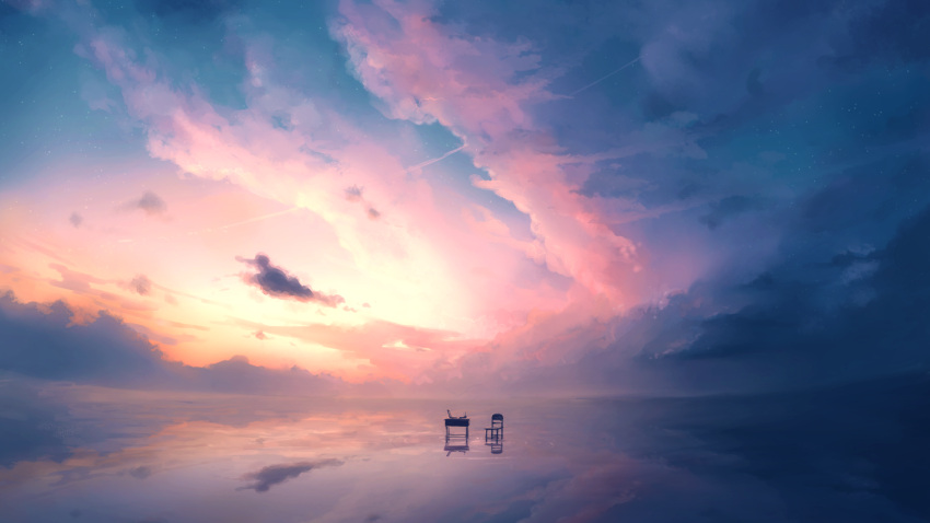 chair clouds cloudy_sky computer desk drawing_tablet highres laptop no_humans original reflection ripples scenery sky star_(sky) stylus water zeniyan