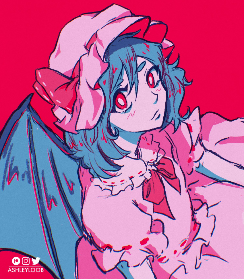 1girl artist_name ashleyloob bat_wings blue_hair bow dress frilled_shirt_collar frilled_sleeves frills hat highres limited_palette looking_at_viewer mob_cap pink_dress pink_headwear puffy_short_sleeves puffy_sleeves red_background red_eyes remilia_scarlet ribbon short_sleeves touhou vampire wings