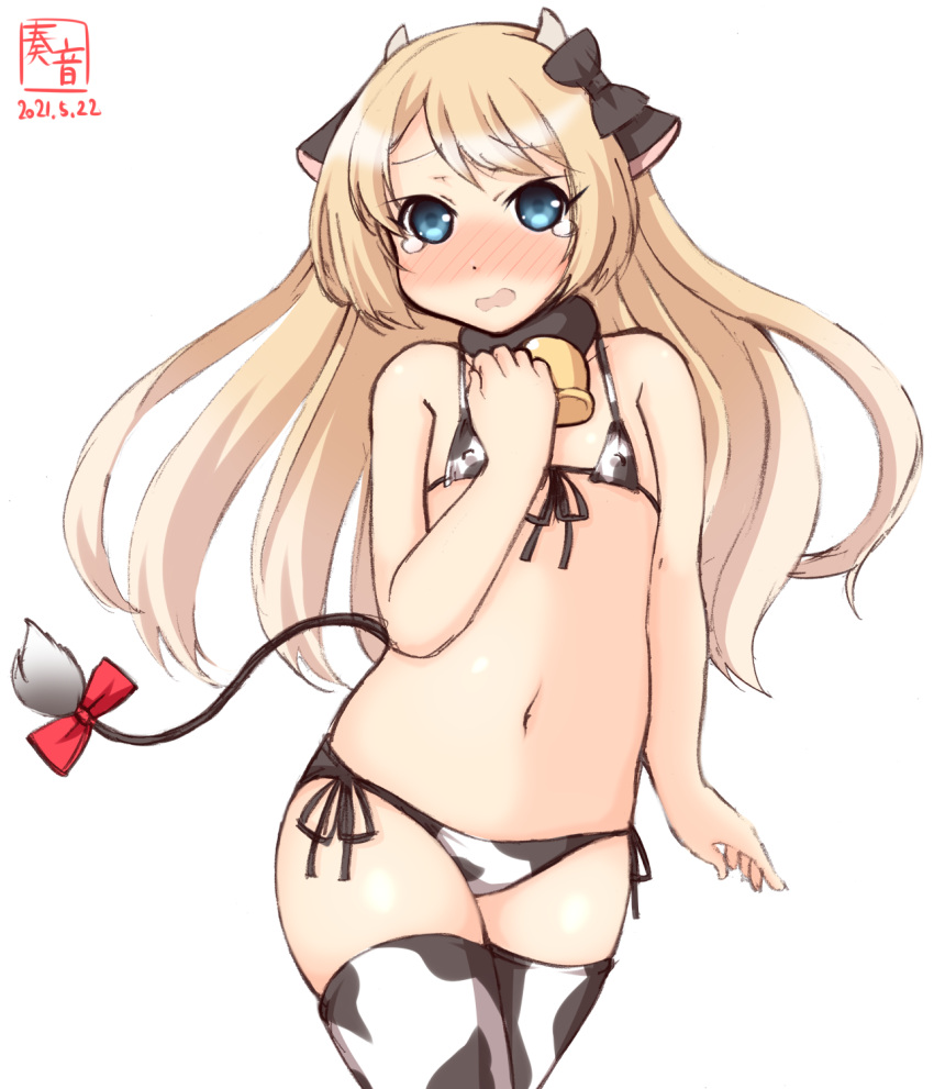 1girl alternate_costume animal_ears animal_print artist_logo bikini blonde_hair blue_eyes commentary_request cow_ears cow_horns cow_print cow_tail cowboy_shot dated embarrassed fake_animal_ears fake_horns flat_chest front-tie_top highres horns jervis_(kancolle) kanon_(kurogane_knights) kantai_collection long_hair look-alike lowleg lowleg_bikini one-hour_drawing_challenge side-tie_bikini simple_background solo swimsuit tail thigh-highs white_background white_bikini white_legwear