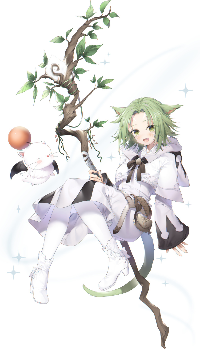 1girl absurdres animal_ears blush cat_ears cat_tail cropped_jacket final_fantasy final_fantasy_xiv full_body green_eyes green_hair highres holding holding_staff huge_filesize miqo'te moogle open_mouth robe short_hair solo staff tail white_background white_mage yana_mori