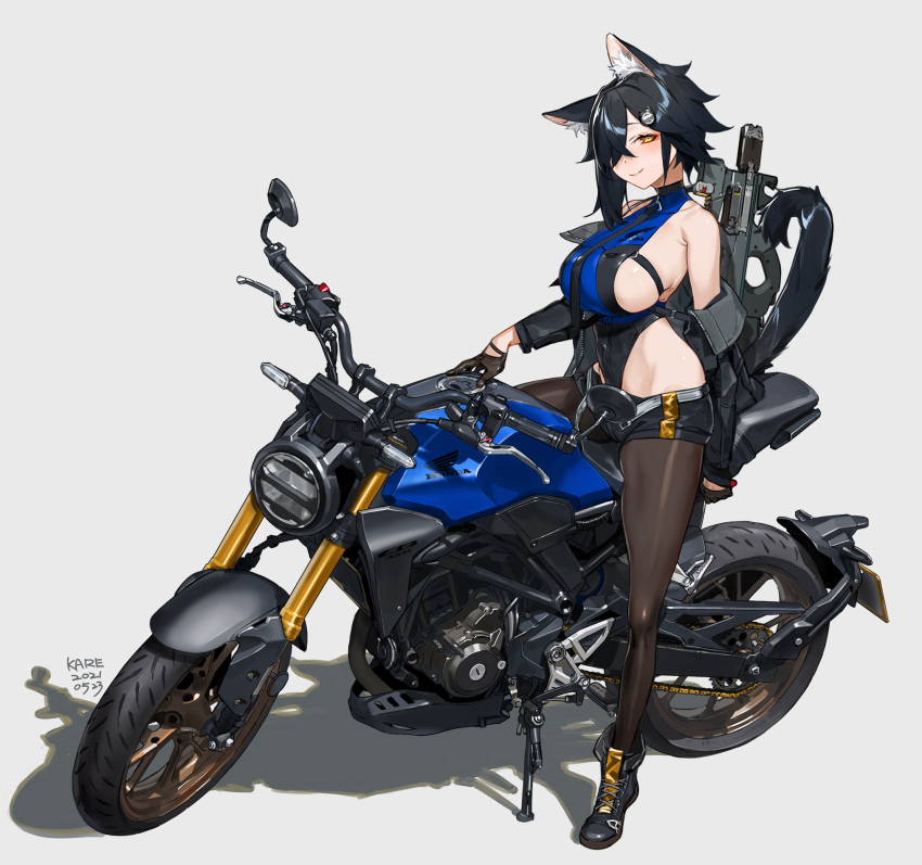 1girl animal_ear_fluff animal_ears artist_name bare_shoulders black_gloves black_hair boots breasts bullpup cat_ears cat_tail commentary full_body gloves grey_background ground_vehicle gun hair_ornament hair_over_one_eye highres jacket kare_huang large_breasts leotard looking_at_viewer motor_vehicle motorcycle original p90 pantyhose shadow shiny shiny_clothes shiny_hair shiny_skin short_hair shorts signature simple_background smile solo submachine_gun tail weapon weapon_on_back yellow_eyes