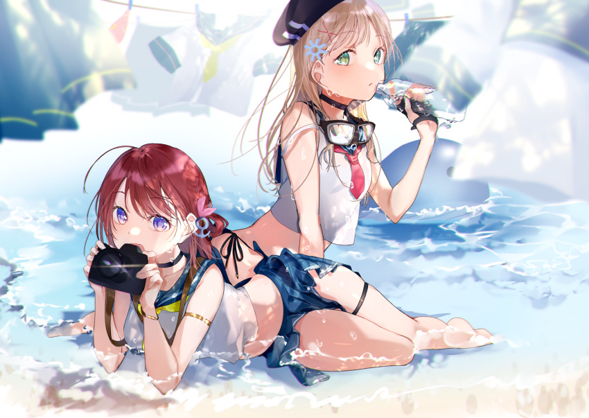 2girls ahoge anchor_hair_ornament arm_support armband bare_legs bare_shoulders barefoot beach bikini blonde_hair blurry blurry_foreground bottle camera choker closed_mouth clothesline collarbone eyebrows_visible_through_hair fang from_side full_body glint goggles goggles_around_neck gold green_eyes hair_ornament highres holding laundry light_frown long_hair looking_at_viewer lying midriff miwano_ragu multiple_girls navel necktie ocean on_side original pleated_skirt redhead sailor_collar school_uniform serafuku side-tie_bikini sitting skin_fang skirt sleeveless strap_slip swimsuit tareme thigh_strap thighs violet_eyes water_bottle wet whale x_hair_ornament