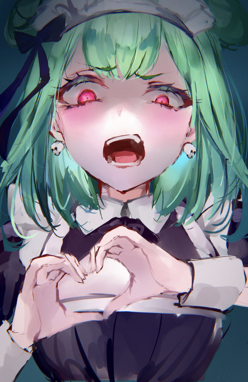 1girl absurdres alternate_costume bow double_bun earrings enmaided green_hair hair_bow heart heart_hands highres hololive jewelry maid maid_headdress mile_(off8mile) red_eyes scowl skull_earrings uruha_rushia virtual_youtuber wrist_cuffs