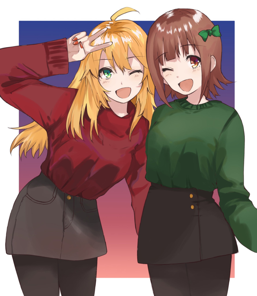 2girls ;d ahoge amami_haruka black_skirt blonde_hair border bow brown_eyes brown_hair gradient gradient_background green_bow green_eyes green_sweater hair_bow highres hoshii_miki idolmaster idolmaster_(classic) long_hair long_sleeves looking_at_viewer matching_outfit miniskirt multicolored multicolored_background multiple_girls nail_polish one_eye_closed open_mouth outside_border pantyhose pose red_nails red_sweater short_hair side-by-side skirt smile standing sweater v white_border zono_(inokura_syuzo029)