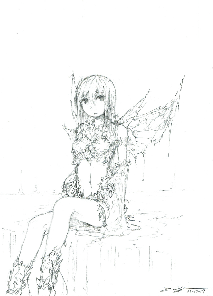 1girl absurdres angel angel_wings bare_shoulders clothing_cutout dated dripping eyebrows_visible_through_hair fairy fairy_wings greyscale hair_between_eyes highres long_hair monochrome navel navel_cutout open_hands original parted_lips signature sitting sketch solo torn torn_wings water waterfall wet wings zeniyan
