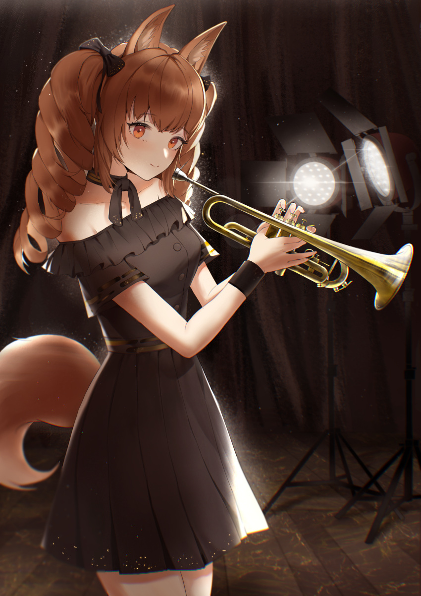 1girl absurdres angelina_(arknights) animal_ear_fluff animal_ears arknights black_bow black_dress black_neckwear black_ribbon blush bow brown_eyes brown_hair chinese_commentary closed_mouth collarbone commentary_request cowboy_shot curtains dress drill_hair fox_ears fox_girl fox_tail frilled_dress frills from_side hair_bow highres holding holding_instrument instrument lens_flare looking_at_viewer looking_to_the_side neck_ribbon off-shoulder_dress off_shoulder official_alternate_costume ribbon short_sleeves smile solo standing tail trumpet twin_drills twintails ufoliving