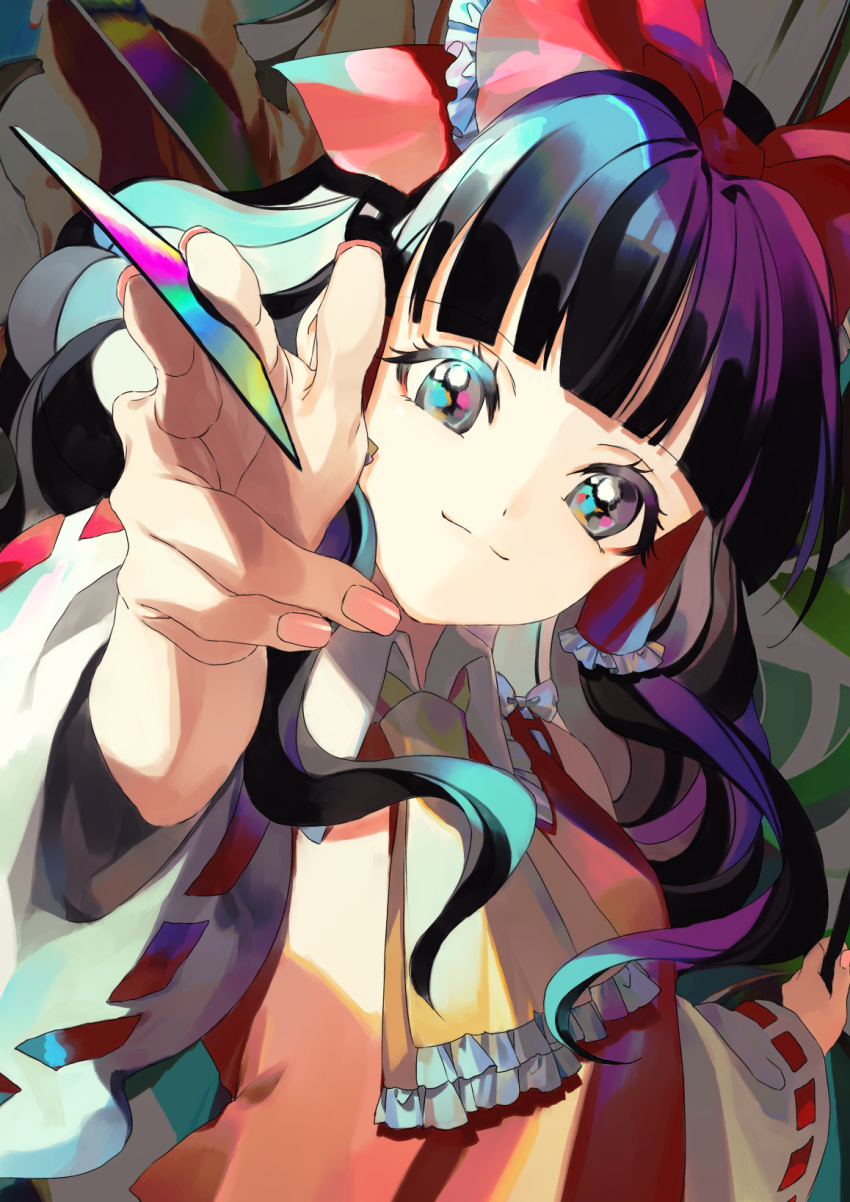 1girl ama_asagi ascot bangs between_fingers black_eyes black_hair blunt_bangs card close-up closed_mouth colored_eyelashes fingernails foreshortening frills hair_tubes hakurei_reimu hands highres long_hair looking_at_viewer multicolored multicolored_eyes multicolored_hair smile solo touhou yellow_neckwear