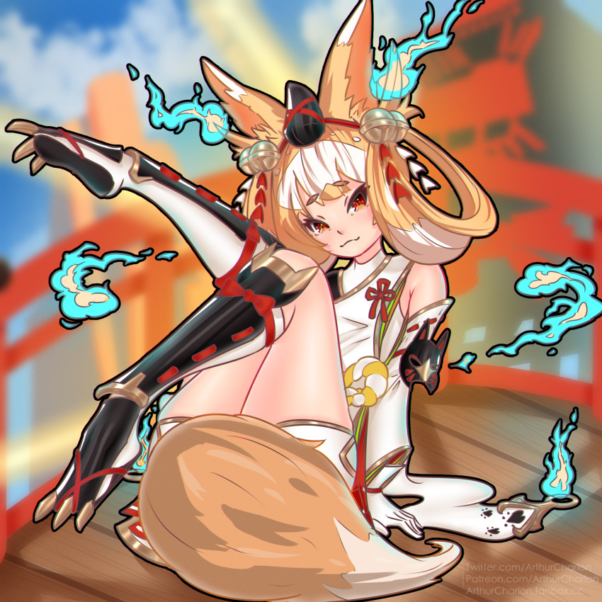 1girl animal_ears arthurcharlon blonde_hair clip_studio_paint_(medium) dragalia_lost eyebrows_visible_through_hair feet_up fox_ears fox_girl fox_tail gloves highres hitodama kuzunoha_(dragalia_lost) leg_armor legs long_sleeves orange_eyes short_eyebrows sitting tail