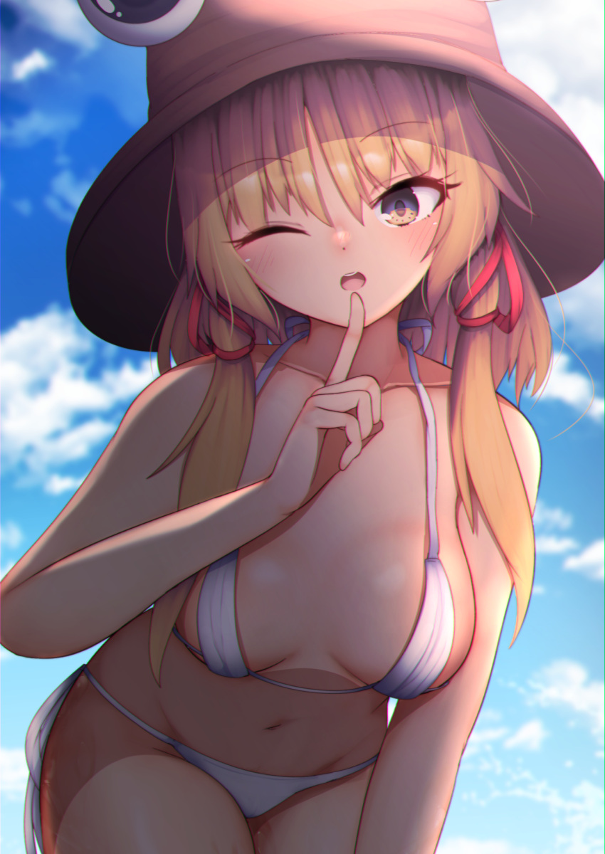 1girl bands bangs bare_shoulders bikini blonde_hair breasts brown_headwear clouds darumoon eyebrows_visible_through_hair hair_between_eyes hand_on_own_face hat highres looking_at_viewer medium_breasts medium_hair micro_bikini moriya_suwako one_eye_closed open_mouth ponytail pubic_hair red_bands sky solo swimsuit touhou yellow_eyes