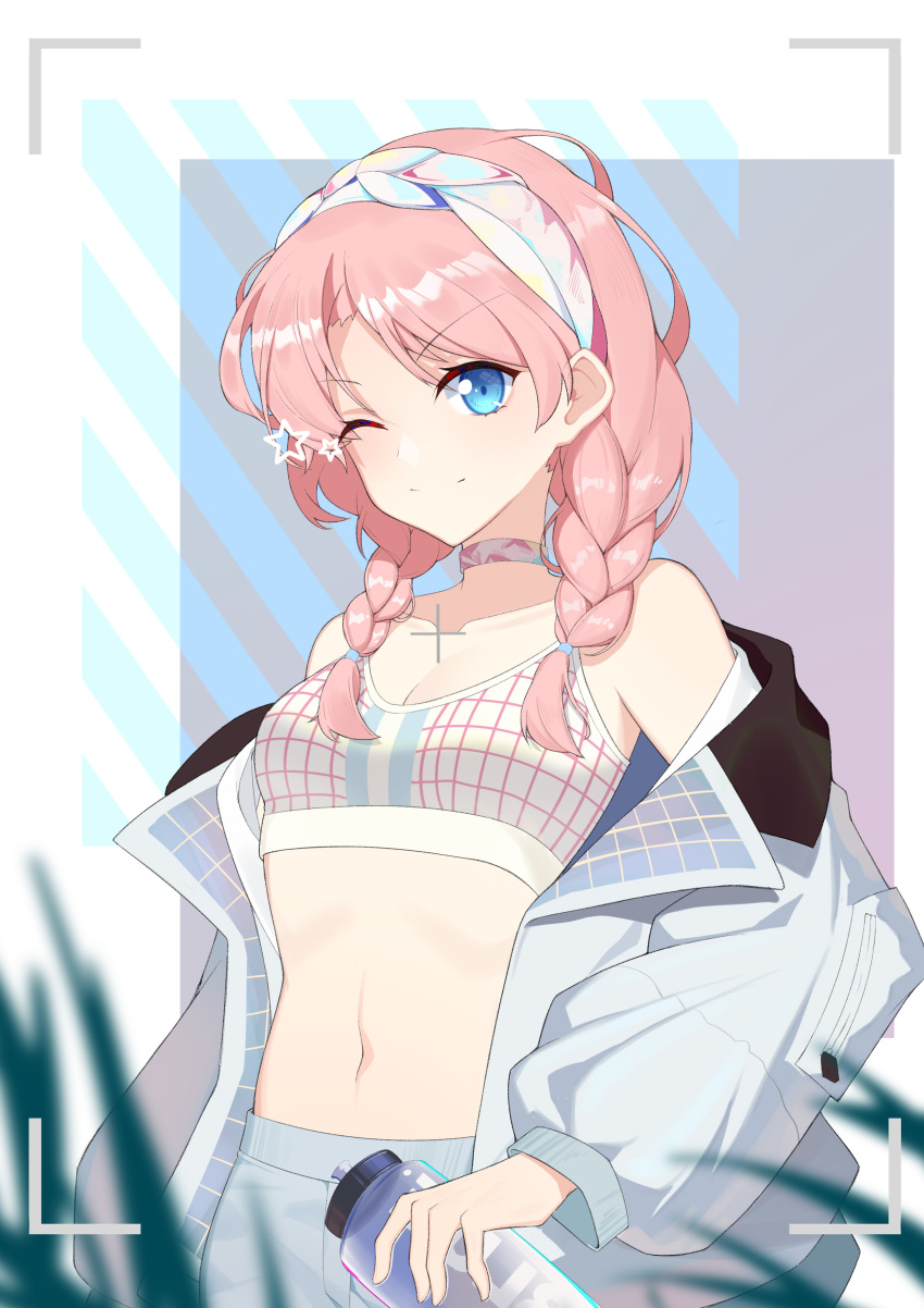 1girl ;) absurdres arknights bangs bare_shoulders blue_eyes blue_poison_(arknights) blue_poison_(shoal_beat)_(arknights) braid breasts chinese_commentary choker commentary_request crop_top eyebrows_visible_through_hair grey_jacket hairband highres jacket long_hair long_sleeves looking_at_viewer midriff navel off_shoulder official_alternate_costume one_eye_closed open_clothes open_jacket pink_hair qianshibu small_breasts smile solo sports_bra star_(symbol) stomach twin_braids upper_body